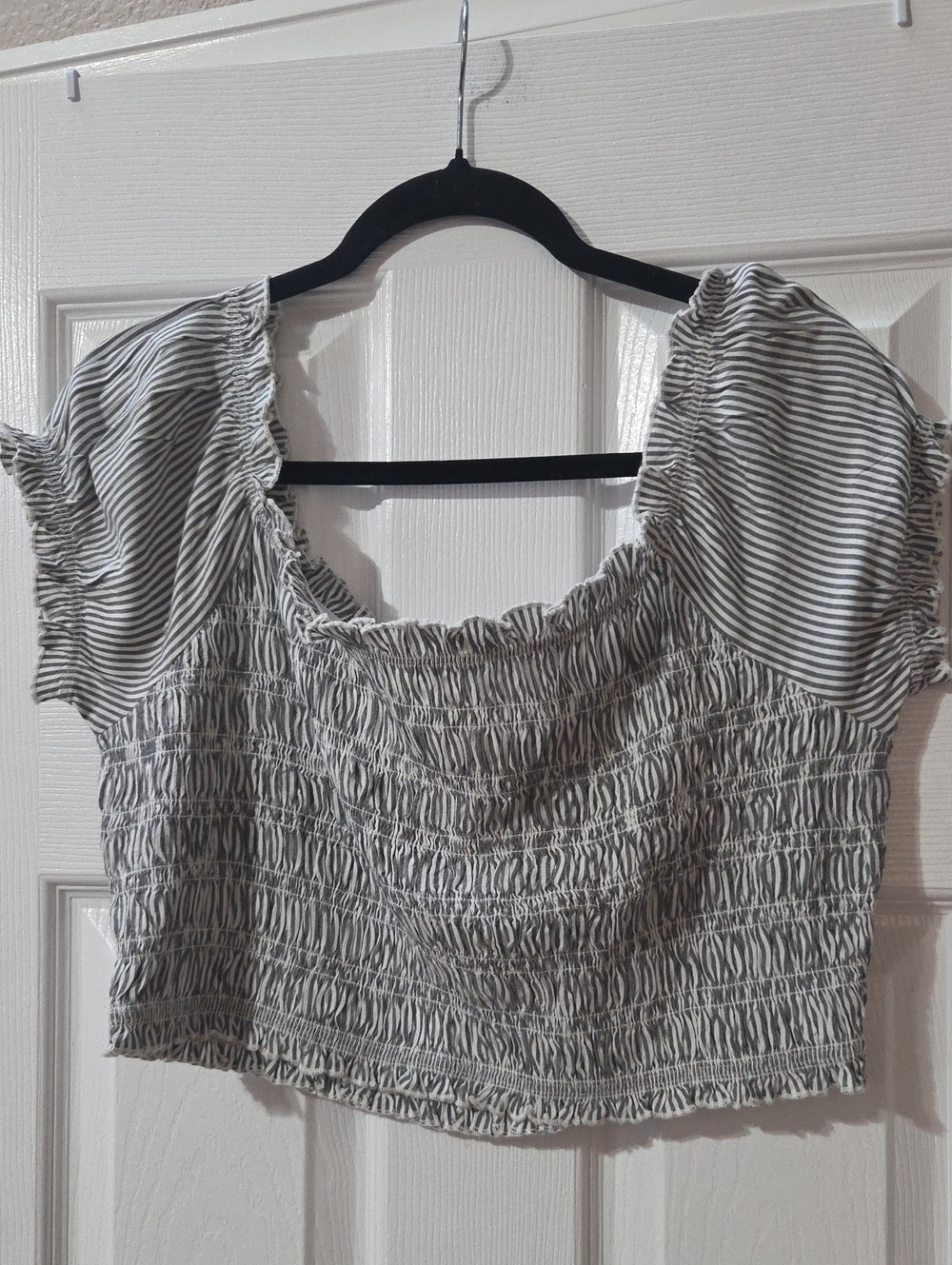 American Eagle Outfitters Gray & White Striped Smocked Crop Top
